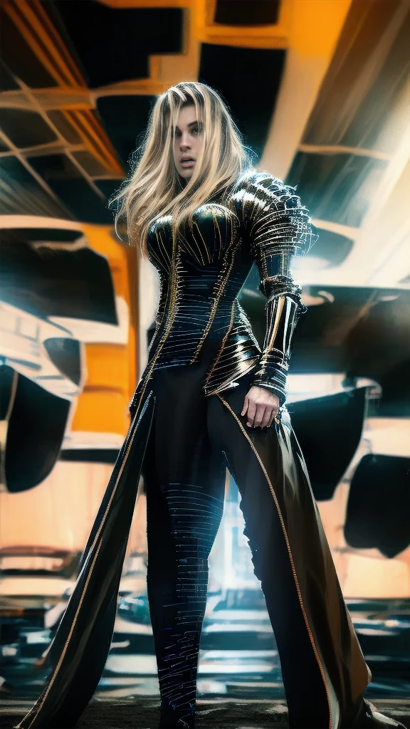 Hyper-realistic digital illustration featuring a Full-length photo of ((((Full body)))) amazingly beautiful female superhero with determined and focused expression and perfect physique in stylish, Darker, Batman inspired Iron Man armor, floating in the night sky above a busy cityscape. The armor is a mix of shiny black and shiny neon yellow with red and yellow accents, and a neon bat symbol is emblazoned on the upper body. The skyline is full of skyscrapers, whose lights create a lively background. She is self-confident, one hand on the hip, while she holds the other towards the viewer, to protect the city beneath her. The scene is dramatically lit, the moon peeks out from behind the clouds and casts a blue shimmer over the scene.