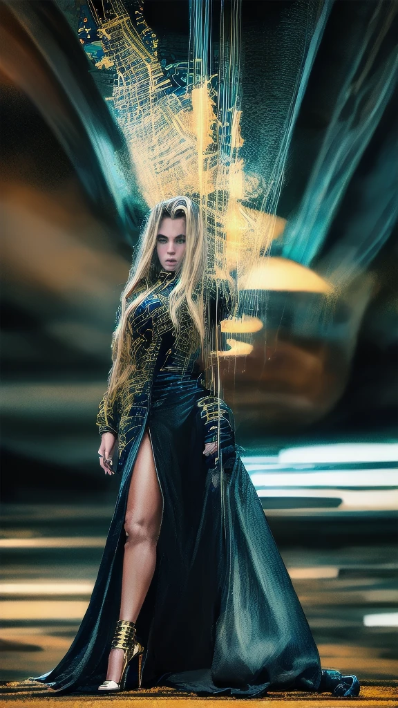 Hyper-realistic digital illustration featuring a Full-length photo of ((((Full body)))) amazingly beautiful female superhero with determined and focused expression and perfect physique in stylish, Darker, Batman inspired Iron Man armor, floating in the night sky above a busy cityscape. The armor is a mix of shiny black and shiny neon yellow with red and yellow accents, and a neon bat symbol is emblazoned on the upper body. The skyline is full of skyscrapers, whose lights create a lively background. She is self-confident, one hand on the hip, while she holds the other towards the viewer, to protect the city beneath her. The scene is dramatically lit, the moon peeks out from behind the clouds and casts a blue shimmer over the scene.