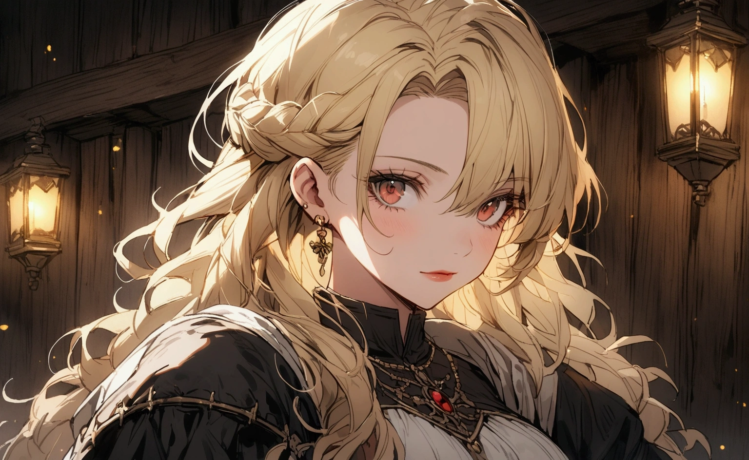 a medieval woman, in a bar alone, looking at camera, Bela, blondie hair