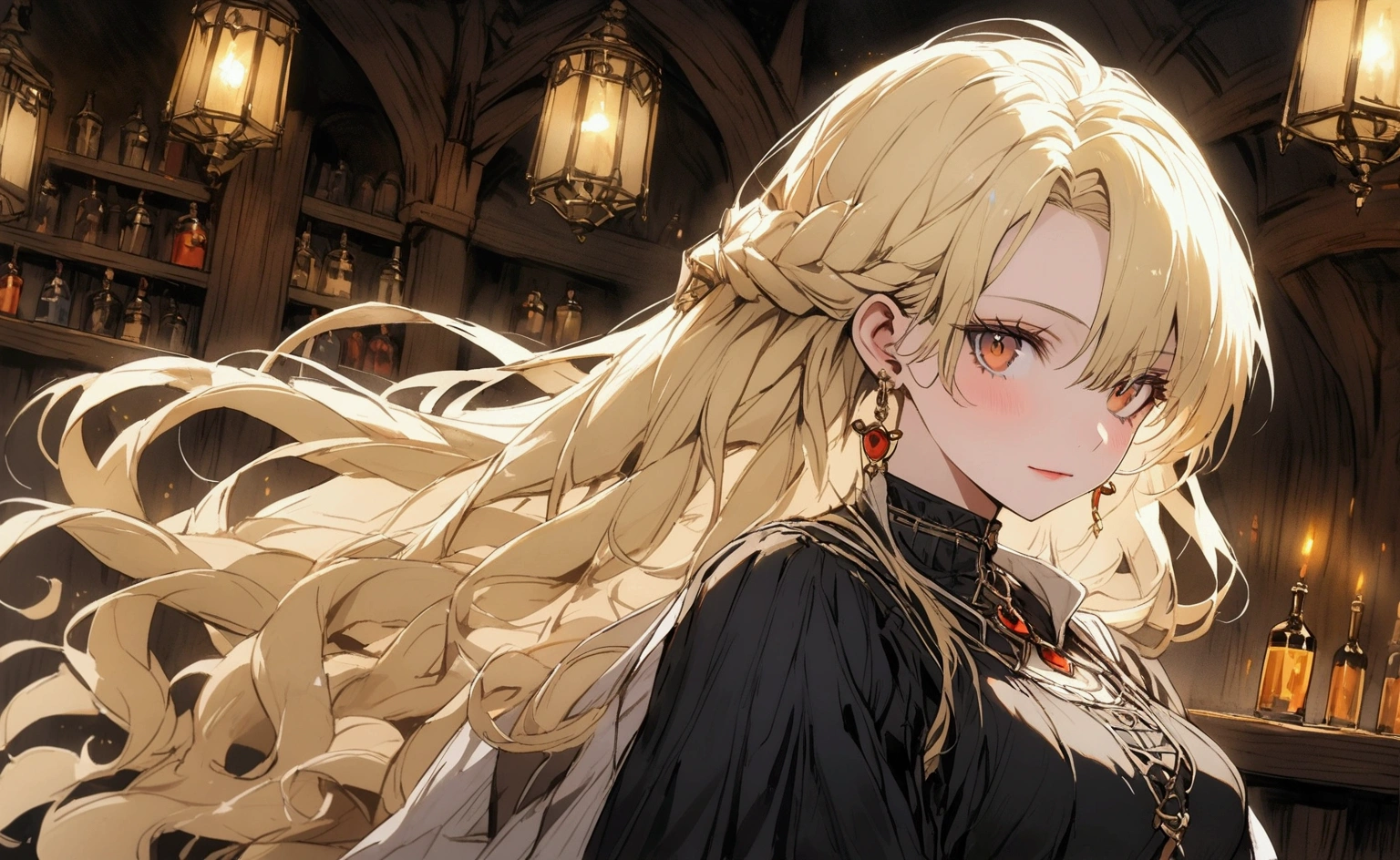 a medieval woman, in a bar alone, looking at camera, Bela, blondie hair