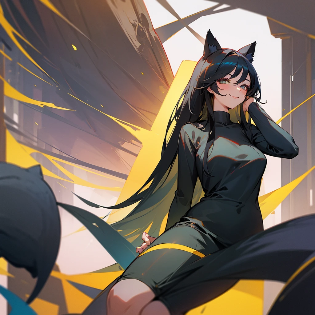 High quality, good body, good fingers, girl with a long black hair, black cat ears, her hands are on her thigh, she looks beautiful with a smile on her face, there is someone hand on her head, the hand stroking her head. Background: Shady city park