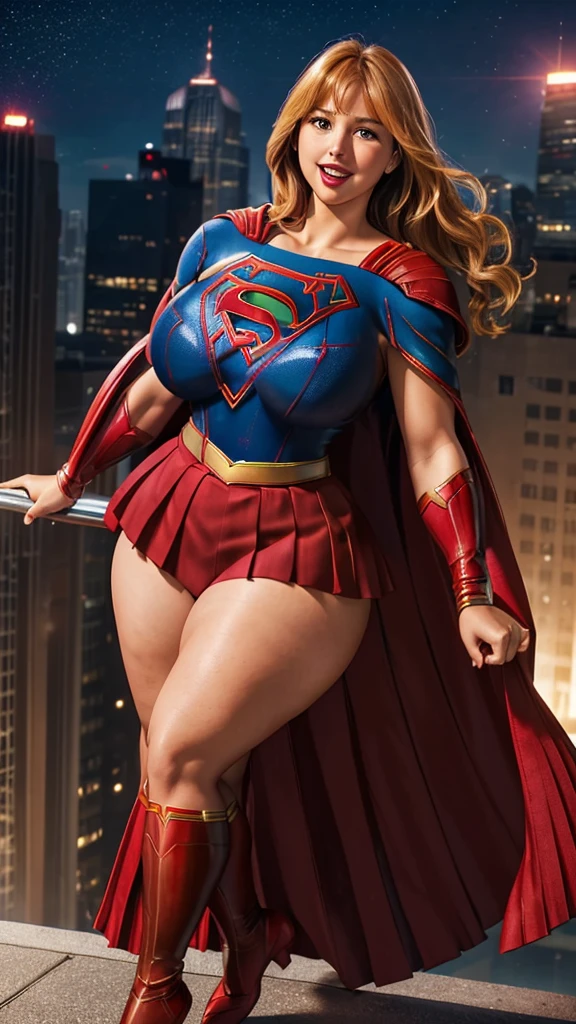 Supergirl, 27 years old, full body shot, Beautiful woman (((shoulder length wavy caramel blonde hair))) (bangs:1.2) defined body, Red lipstick, smiling, hands free, standing, (huge_breasts:1.3) (very full figure, curvy, chubby, very soft, very thick, big breasts, sexy, sexy pose, fat thighs) ((( short sleeve, sparkling blue and red leotard, flowing red cape, red pleated skirt of Supergirl))), rooftop city night, (curvy:1.4)