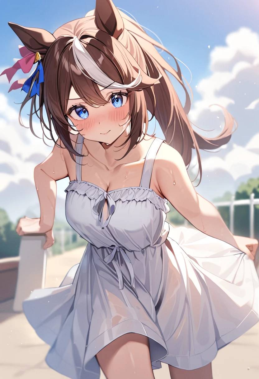 1 Girl,tokai teio (umamusume),umamusume,shiny skin,sweat,blush,Medium breasts,sundress,white dress,masterpiece,best quality,very aesthetic,mid,absurdres