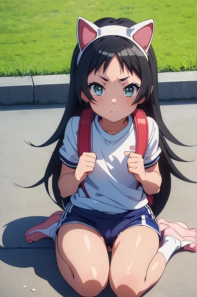 masterpiece, ultra quality, ultra sharp, ultra detailed, 1girl, solo, (((good anatomy))), haduki kurumi, (shiny skin), (tattered torn dripping wet white gym shirt), navy gym pants, animal ears, randoseru, name tag, Japanese anime pose, laugh, BurumaShorts, Buruma, Gym Uniform, (((sitting, squatting, spread_legs, legspread, split_legs, spreading legs)), (randoseru backpack:1.4), (ohogao:1.4), buruma, blue buruma, black buruma, (cameltoe), (tattered torn short sleeve white gym uniform with colored hem), (tiny nipples), (white long loose socks), strong lighting, legspread, bukkake, cum on clothes, cum on legs, cum on buruma, cum on bloomers, (spreading pussy by hands)