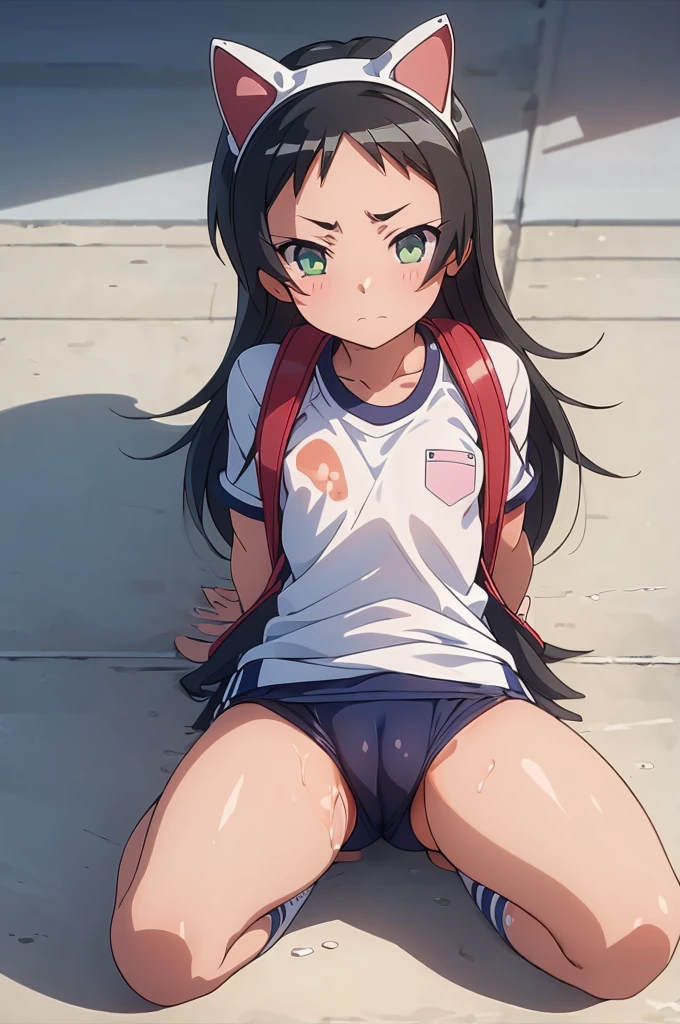 masterpiece, ultra quality, ultra sharp, ultra detailed, 1girl, solo, (((good anatomy))), haduki kurumi, (shiny skin), (tattered torn dripping wet white gym shirt), navy gym pants, animal ears, randoseru, name tag, Japanese anime pose, laugh, BurumaShorts, Buruma, Gym Uniform, (((sitting, squatting, spread_legs, legspread, split_legs, spreading legs)), (randoseru backpack:1.4), (ohogao:1.4), buruma, blue buruma, black buruma, (cameltoe), (tattered torn short sleeve white gym uniform with colored hem), (tiny nipples), (white long loose socks), strong lighting, legspread, bukkake, cum on clothes, cum on legs, cum on buruma, cum on bloomers, (spreading pussy by hands)