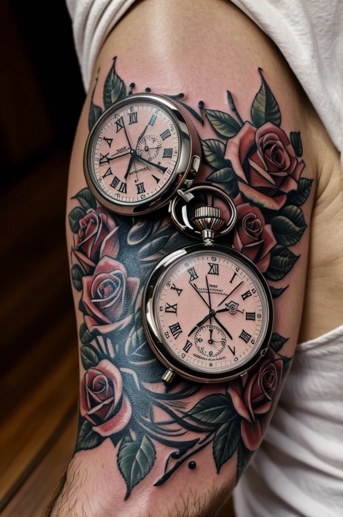 an image to tattoo of an old stopwatch striking 7:45, below roses and behind the stopwatch an Ace from a Spanish deck of cards 