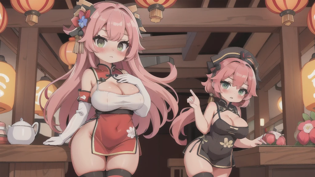 masterpiece, best quality, 1girl,(gigantic breasts), (wide hips),(thick thighs),  (qipao), long qipao, red qipao, (red chinese dress:1.3), skindetantion, blue thighhighs,(hakari_blush:1.6),(blush:1.2), angry, chinatown, black gloves, pink hair, green eyes, slender waist, hair ornament, flower ornament, hakari_flower, twin_hair_ornaments, hair_ornament_in_both_sides_of_the_head, hakari_eye, hakari, 