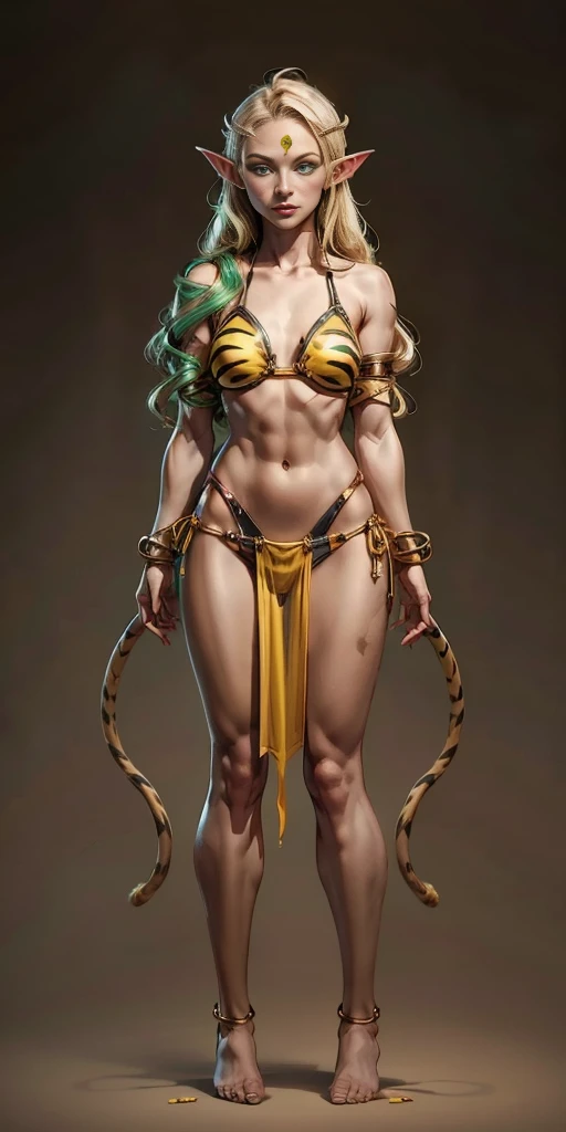 tsundere elf full body toe to head, long hair, blonde hair (green eyes:1.1) pointy ears, elf, multicolored hair, forehead jewel, yellow tiger bikini, standing symmetrical, plain background