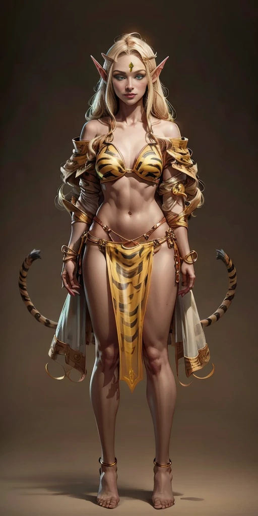 tsundere elf full body toe to head, long hair, blonde hair (green eyes:1.1) pointy ears, elf, multicolored hair, forehead jewel, yellow tiger bikini, standing symmetrical, plain background