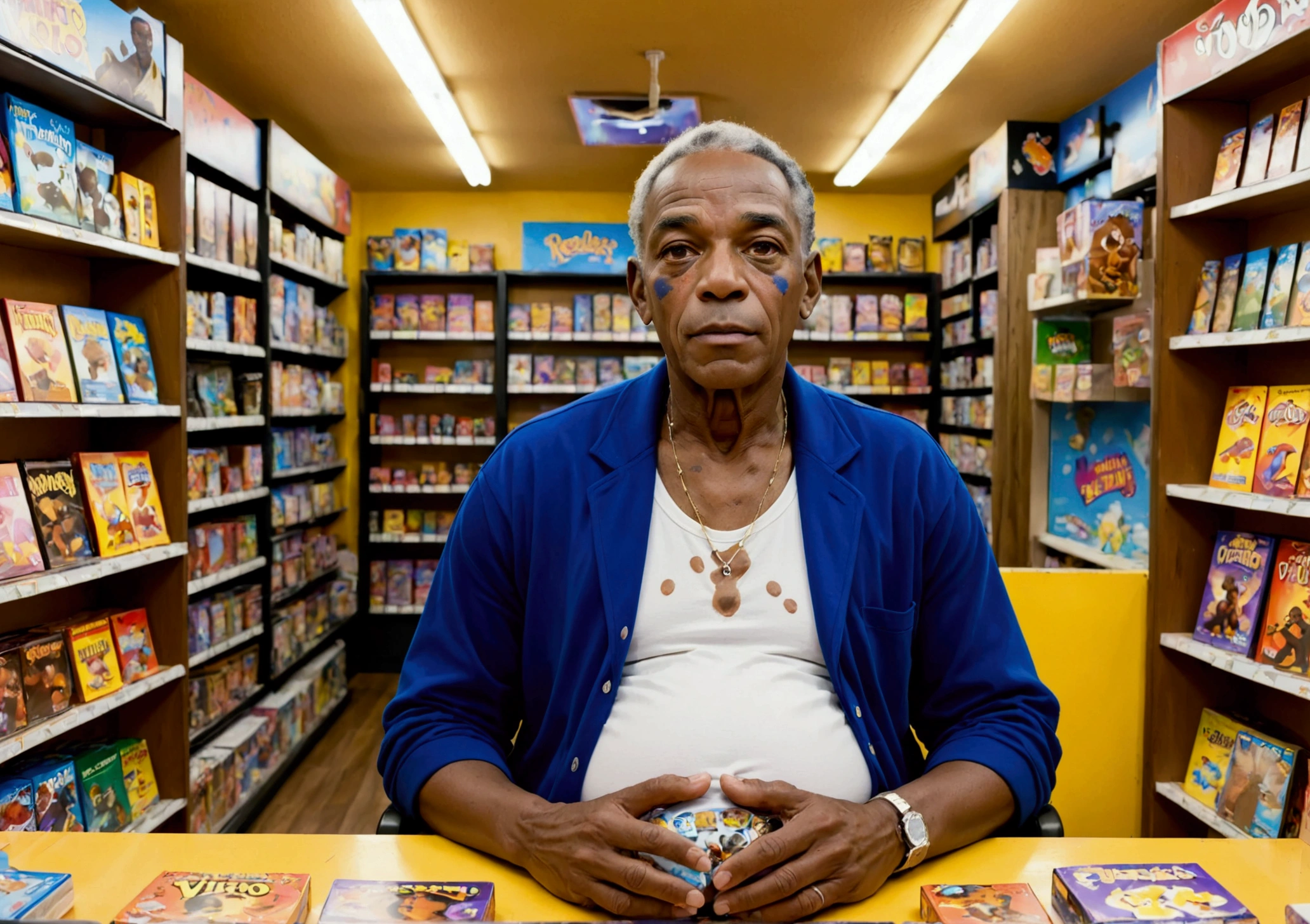 black man over 60, medium belly, with vitiligo on the face, sitting in his game store, HORIZONTAL VIEW