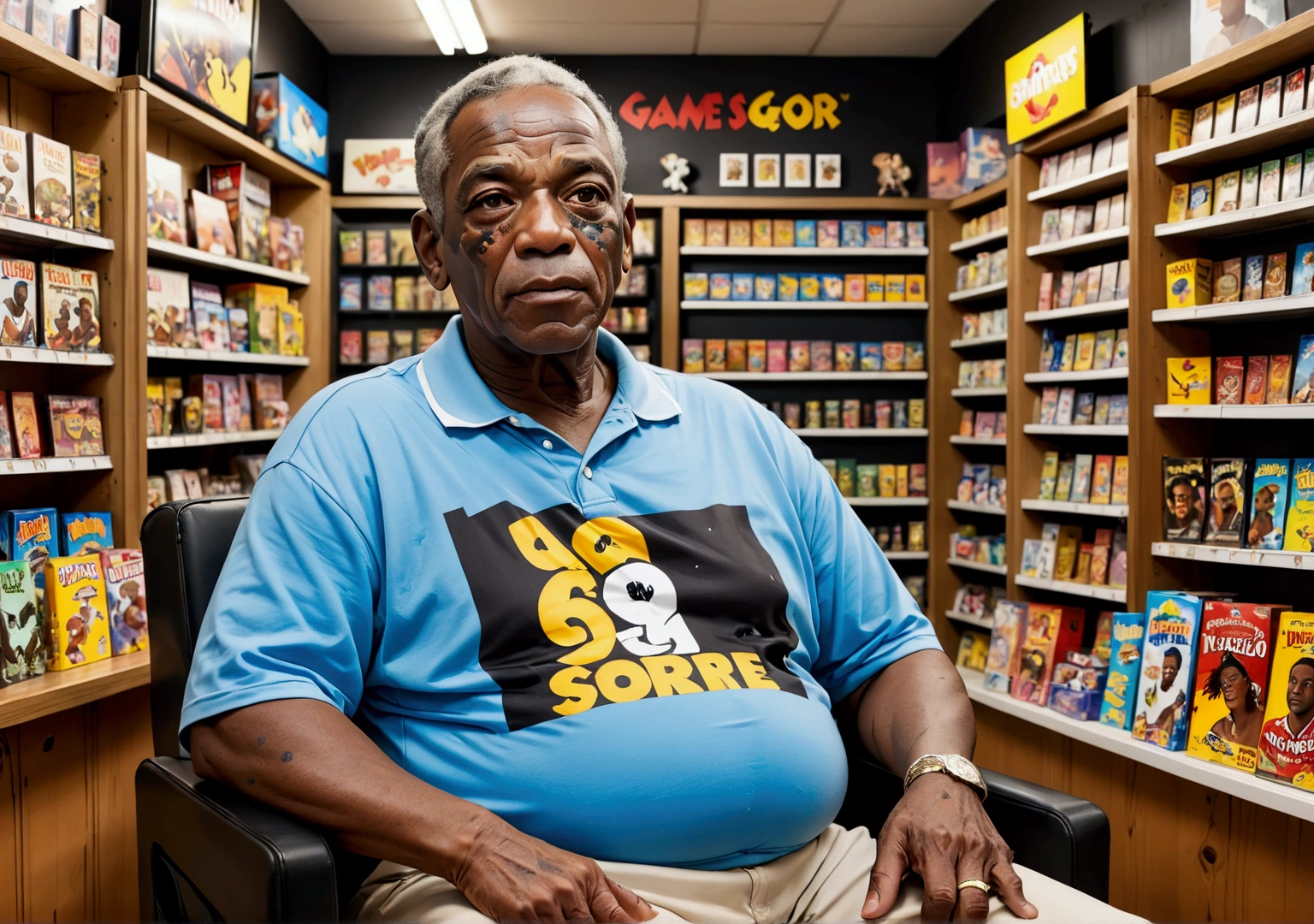 black man over 60, medium belly, with vitiligo on the face, sitting in his game store, HORIZONTAL VIEW