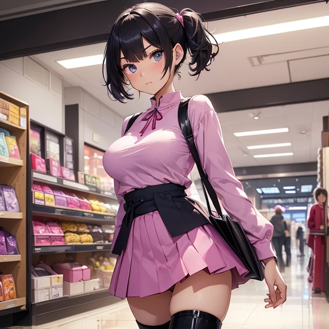 Master piece, best high quality image, carefully detailed details and textures, alone character, full character view
{{(1character: 16 years old black haired japanese human girl noble: (fair skin, black short hair tied in two short pigtails, beautiful blue eyes, beautiful face, sharp eyebrows, nice figure, big breasts, beautiful legs, shy expression, walking around), (pink skirt, purple top, red boots), (shopping, clean floor, diverse stores))}}