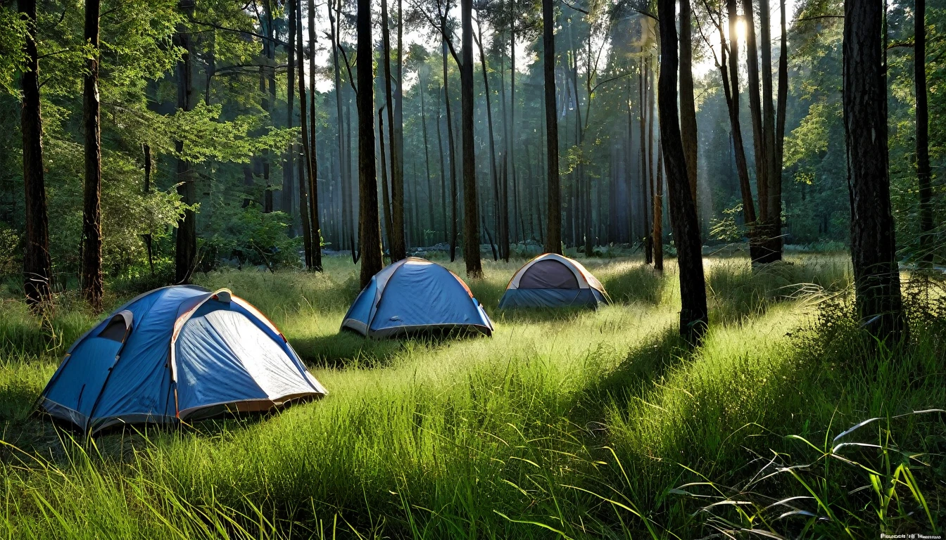 forest area with tall grass on the ground between the trees. There are only two camping tents set up in the tall grass. It's late afternoon, and the sky is getting darker, creating a tense atmosphere. The trees are thick, and the shadows are getting longer, heightening the suspense. The scene captures the feeling of anticipation as night approaches."
