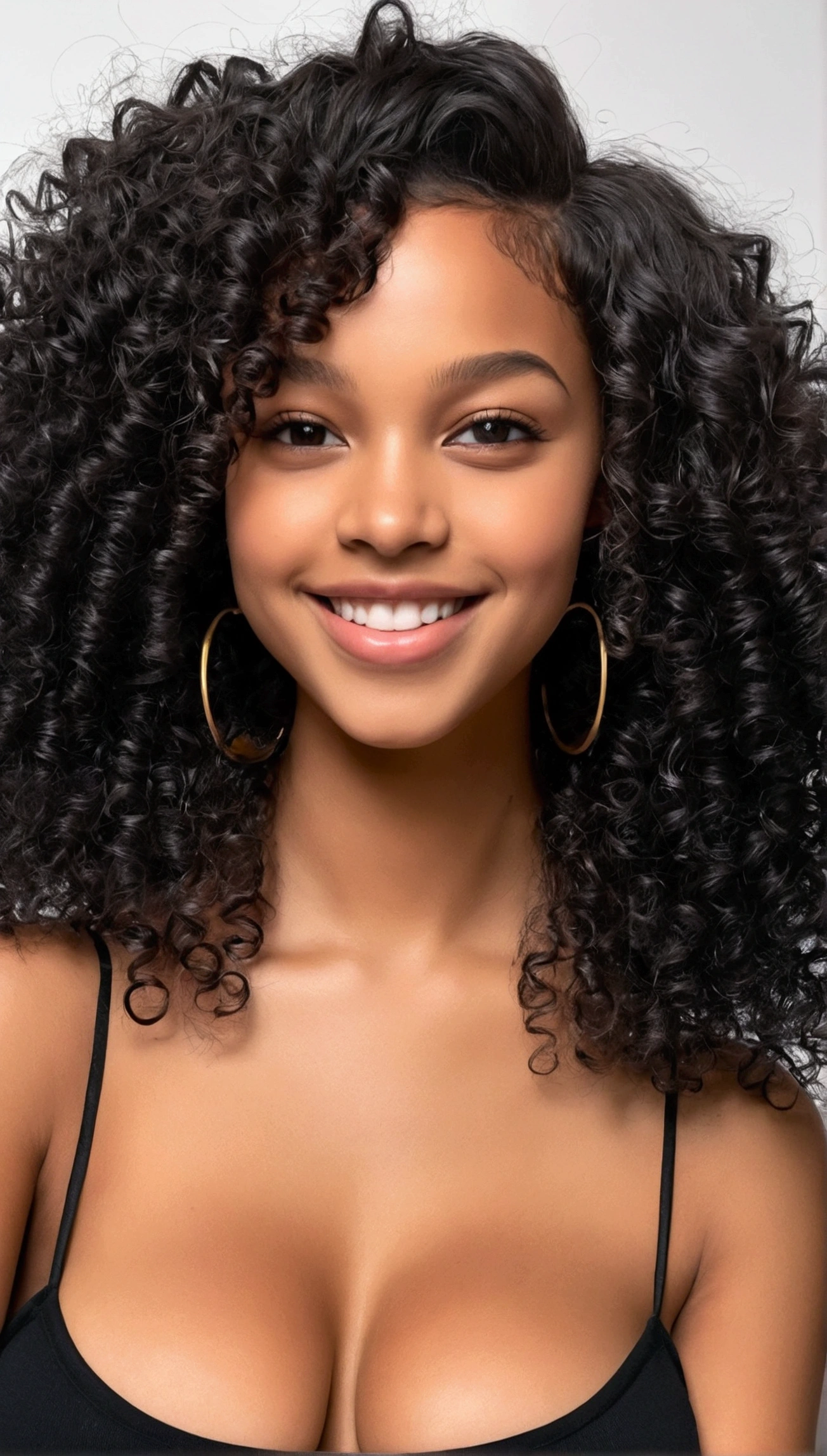 ((THE MOST BEAUTIFUL GIRL IN THE WORLD),, (AGE 15 YO), (LARGE BREASTS CAN NOT BE VIEWED BY VIEWER), (SEPARATED CLEAVAGE),(CUTE SMILE LIPS PARTIALLY OPEN SEE TEETH),RAW, (Photorealsitic:1.4)、female、"Ultra-realistic image of a beautiful 19-year-old African-American girl, ,Caramel peel, corps parfait, Prendre un selfie dans la salle de bain avec son iPhone 14, maigre, Taille ultra-fine, cheveux noirs, African short curly hair , Piercing gray eyes.hyper-realistic，anatomie correcte，Facial features are carefully represented，Boucles gratuites, black curly hair, (Short, curly black hair), Long curly long wild black hair, cheveux multiversaux,  Short, curly black hair, black curly hair, Boucles, wavy hair spread out, Boucles baroques, boucles, Curly,Texture des cheveux, Curly bang