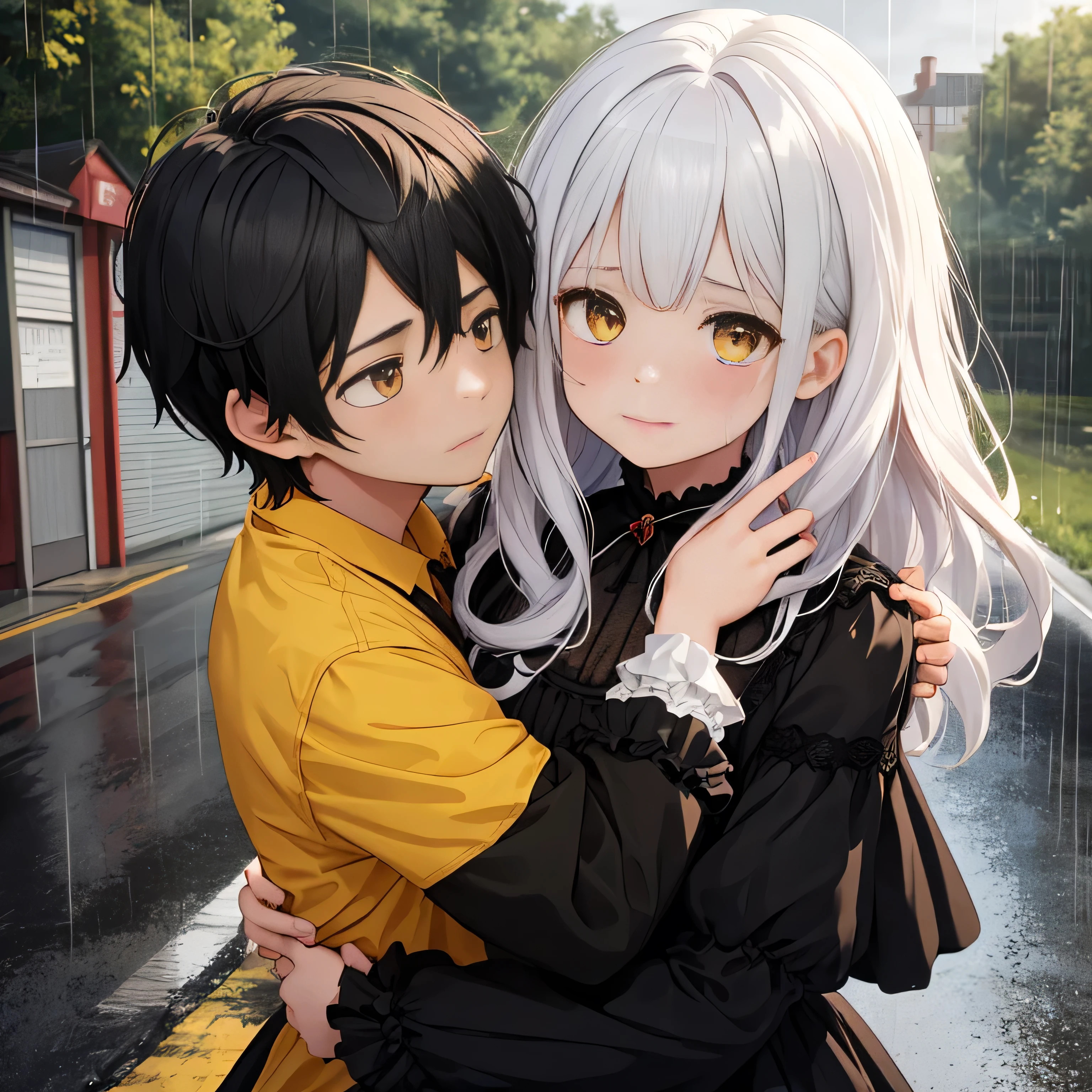 1girl, 1boy, girl with, sorcerer, the witch, outdoors, road, middle of the road, rain, raining sky, 10:10 AM, Red and black gothic lolita, Dresses with ruffles, sad, cry, white hair, long hair, yellow eyes, bat wings on head, heart broken boy, tears, girl holding crying boy on her shoulder, boy black hair, boy short hair, yellow shirt, boy hugging girl, girl confort crying boy