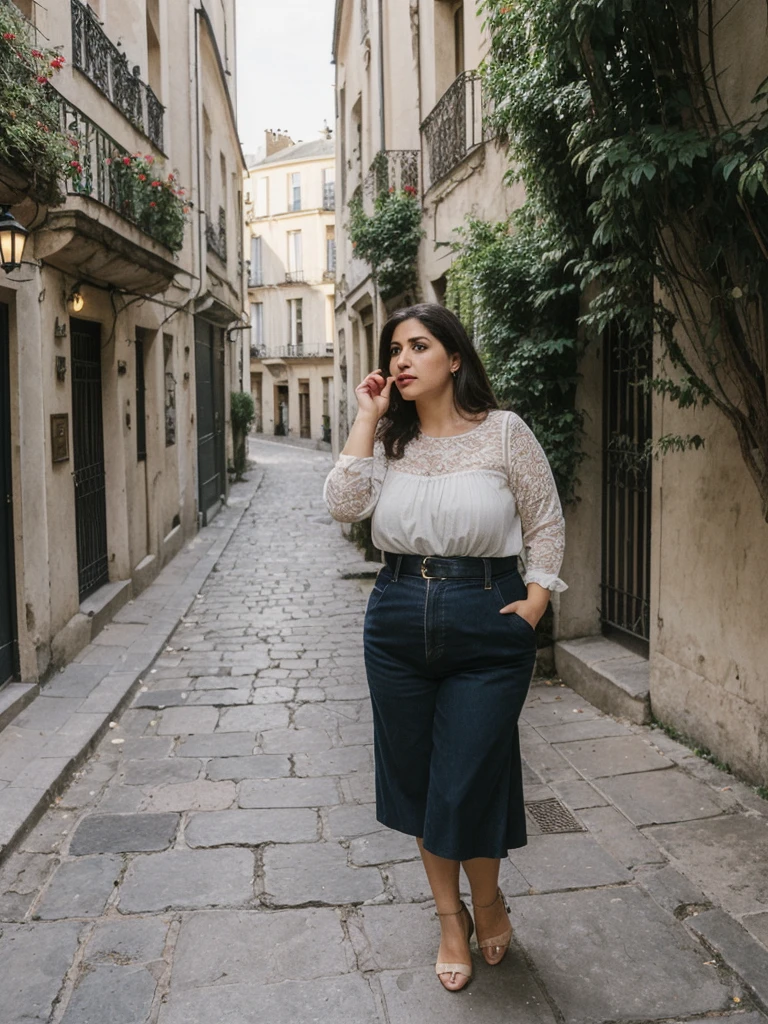 Caseyli, 1girl, solo, 30 years old, (((Georgian face))), (((Georgian nose))), (((Georgian lips))), ((((chubby)))), (((wide hips))), (((dark blonde hair))), wavy medium hair, wearing stylish Generation Z modern wear, ((Background: Parisian Courtyards)), upper body and upper legs, standing