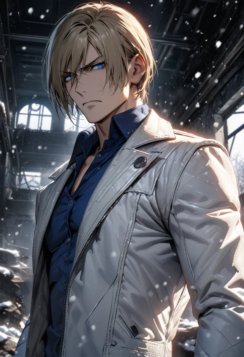 absurdities, High resolution, ultra detailed, HdR, masterpiece, Extremely detailed face and eyes, Leon Kennedy, tousled medium blonde hair, frown, serious, expressive blue eyes, resident evil 6, 1 man, elegant, white jacket, Fitted blue shirt, toned chest, window, snowy background. Complete plan