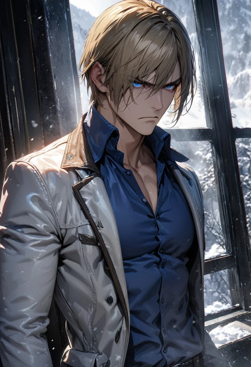 absurdities, High resolution, ultra detailed, HdR, masterpiece, Extremely detailed face and eyes, Leon Kennedy, tousled medium blonde hair, frown, serious, expressive blue eyes, resident evil 6, 1 man, elegant, white jacket, Fitted blue shirt, toned chest, window, snowy background. Complete plan