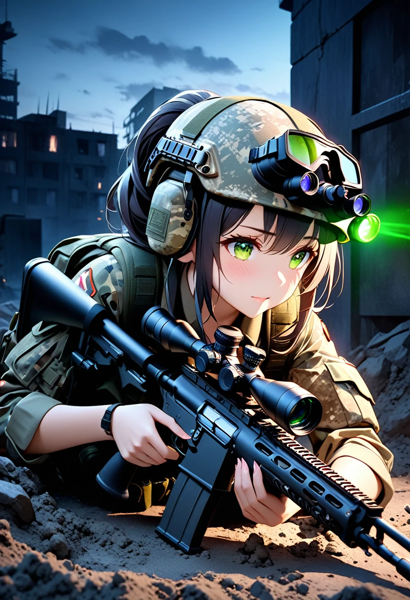 Ultra-high resolution 3D CG art,A modern soldier girl is sniping at night,Girls are modern snipers,Her hair is short and chestnut.On his head he wears an urban camouflage helmet, the kind worn by modern soldiers.Put on night vision goggles and look through the rifle scope.Wearing modern soldier uniforms in urban camouflage and carrying military backpacks,Possess a long-range sniper rifle He is lying face down on the ground on the roof of an abandoned building, looking through the scope of a rifle.Tension, nervousness,The girl was covered in mud and dust.Night vision goggles green light afterglow effect,The beautiful depiction and luster of the rifle,A perspective of a girl seen from diagonally in front,(High quality,high resolution, masterpiece, best quality4k, 8k.1.2)Ultra detail,Ultra-fine painting,Super Fine View,