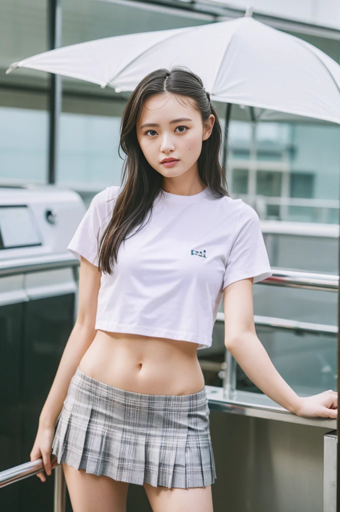 (8k, RAW Photos, Highest quality, masterpiece:1.2,Film Grain:1.1), masterpiece, Highest quality, shape, Very detailed, Fine details, High resolution, 8k,wallpaper, Perfect dynamic composition,(High quality with attention to detail, Realistic depiction of eyes:1.3)、A woman who has been and has her Hand tied、Place your arms behind your back、Hand tie,Standing on a yacht floating on the sea、Tartan Check Pleated Skirt、whole body、A strong wind blows and flips up my skirt、White panties are visible、The whole is facing forward、21talent、beauty、Well-formed face、Even out the eyes、Beautiful black hair、Banditium Build、Balanced ratio、Beautiful feet、Short sleeve blouse、Fresh face、Beautiful views、