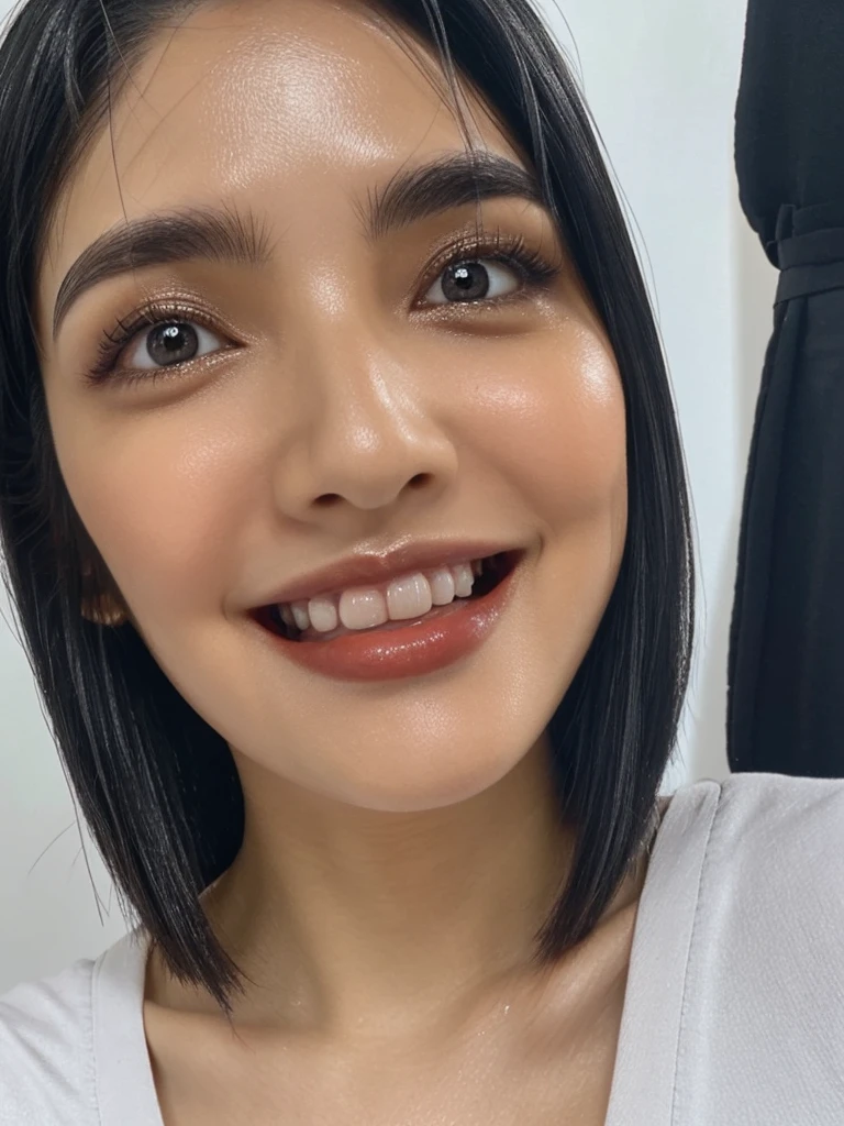 big black eyes, wide double eyelids, high nose bridge, small well-shaped mouth, thin lips, smooth fair skin, high cheekbones, symmetrical face, natural eyebrows, gentle smile, shiny black hair, straight hair, soft facial expression, well-defined jawline, oval-shaped face, see-through bangs, slightly upturned outer eye corners, natural eyeliner, tear bags, healthy cheek color, bright white teeth, well-aligned teeth.