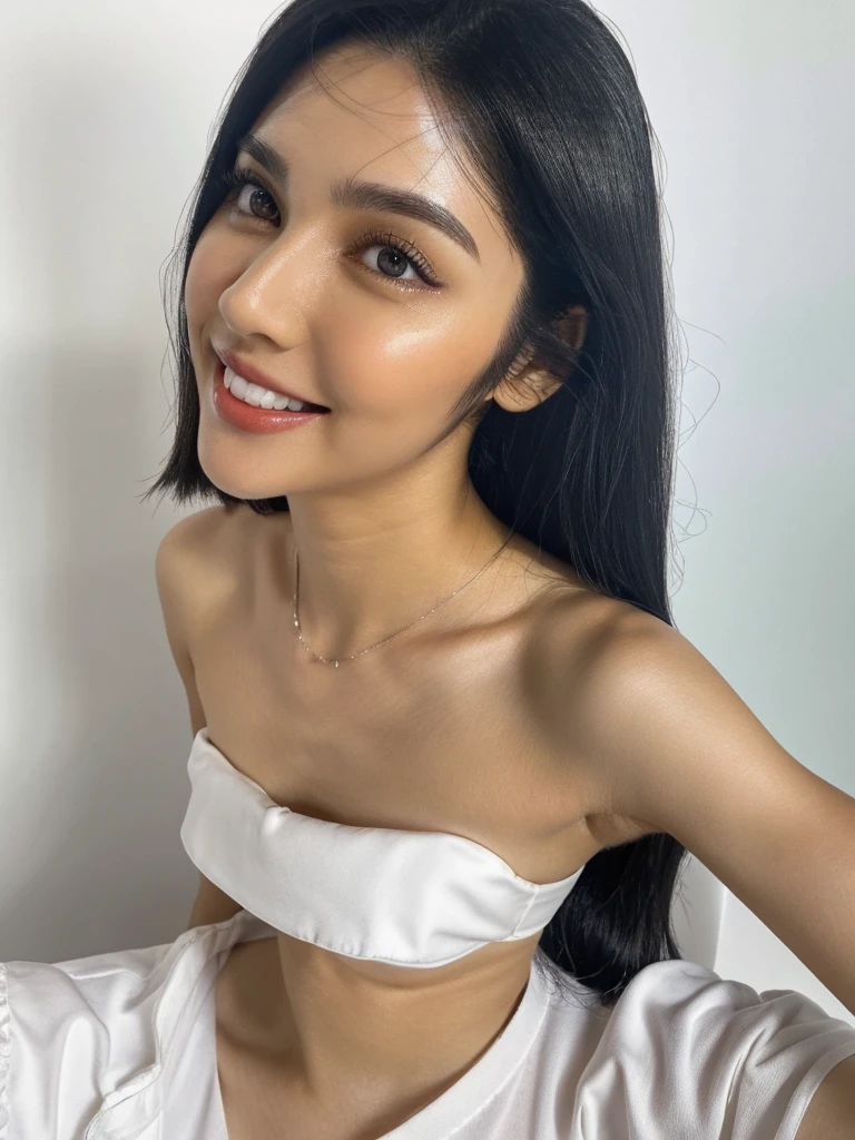 big black eyes, wide double eyelids, high nose bridge, small well-shaped mouth, thin lips, smooth fair skin, high cheekbones, symmetrical face, natural eyebrows, gentle smile, shiny black hair, straight hair, soft facial expression, well-defined jawline, oval-shaped face, see-through bangs, slightly upturned outer eye corners, natural eyeliner, tear bags, healthy cheek color, bright white teeth, well-aligned teeth.