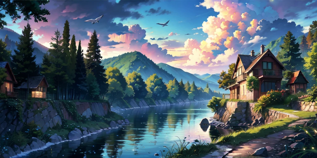 Vision,River flowing out of the forest,There are waves in the water,There are clouds by the water,Birds flying over the river,Shock Point,There is a house by the river,The house is not lit