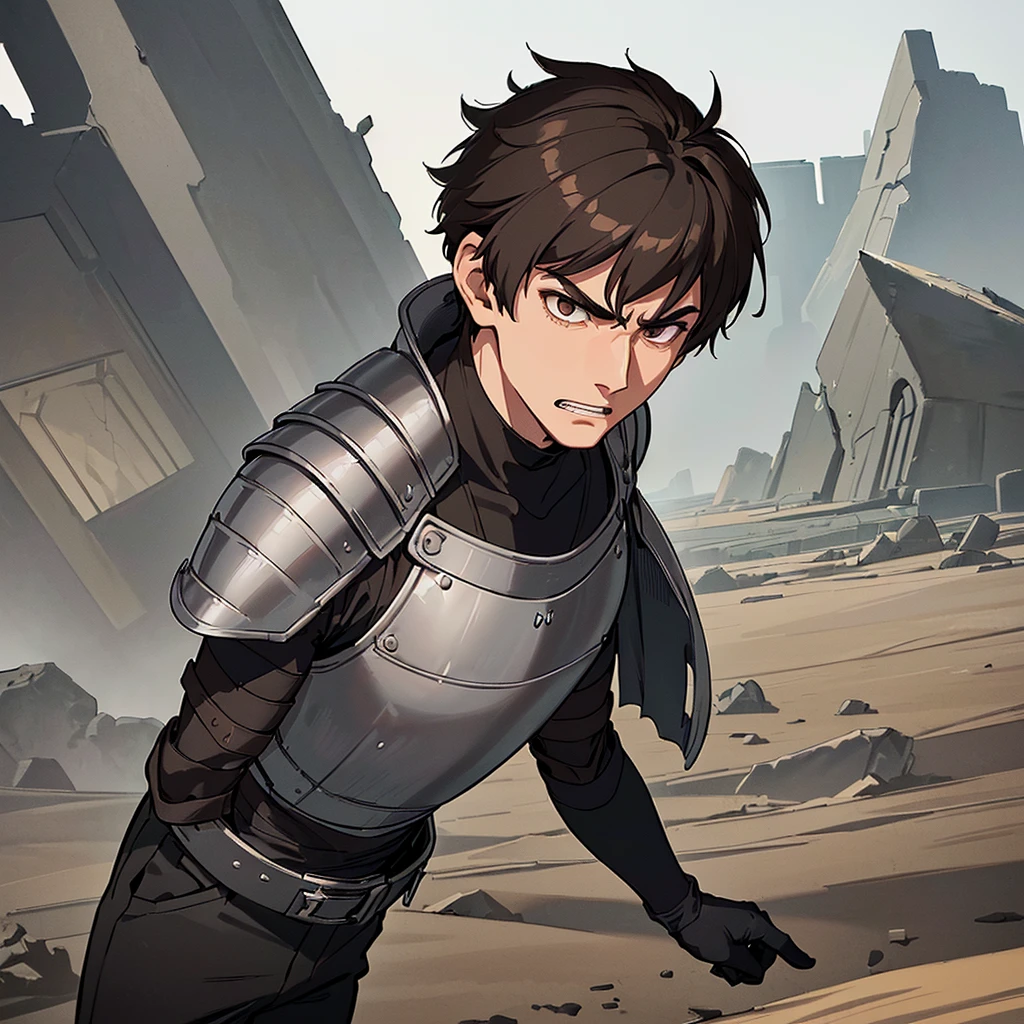 ((((Solo))))、((((Get Ready))))、Best illustrations、Best Quality、(((Simple grey armor、Black trousers、Black gloves、Short Hair、Brown Hair、20 year old man)))、(Old ruins、desert。Grass)、(get annoyed、Clench your teeth、Get angry)、battlefield、(White background)、(From above at an angle)