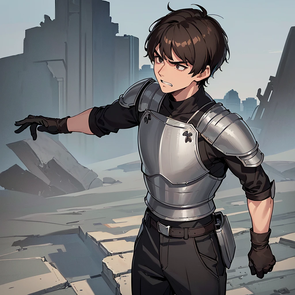 ((((Solo))))、((((Get Ready))))、Best illustrations、Best Quality、(((Simple grey armor、Black trousers、Black gloves、Short Hair、Brown Hair、20 year old man)))、(Old ruins、desert。Grass)、(get annoyed、Clench your teeth、Get angry)、battlefield、(White background)、(From above at an angle)