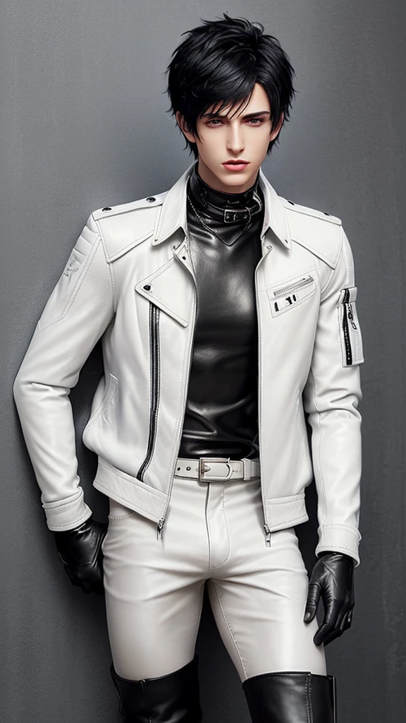 Final fantasy taste and reality graphics, Japanese young cute and cool ikemen boy, his age is early 20s, thin eyebrows and beady eyes, ((he wearing off white color leather thick material jacket)), ((jacket is singlebrest)), biker style jacket, with epaulet, jacket is long sleeve, ((must close the front of the leather jacket)), , ((voluminous leather jacket)), ,((must jacket is high length and stand-up collar)) ((jacket collar with two belts)), ((jacket is a little black color line pattern)),((close the front of the jacket)), also wearing black thick material turtleneck lackluster shirts, tight black leather pants, ((must put on a black leather tight and thin glove both hands)), ((black leather knee-high raceup boots)),((must views head-to-toe)),((must views whole body)), ,((Do not show skin from the neck down)),leather jacket leather glove and leather pants have few wrinkles,boy in the prison room, Avoid showing your innerwear,zip up jacket fastner.
Boy touching owns private parts with right hand.
Bous face is expression of ecstasy.
Boy is black hair.boy looks like fashion model.