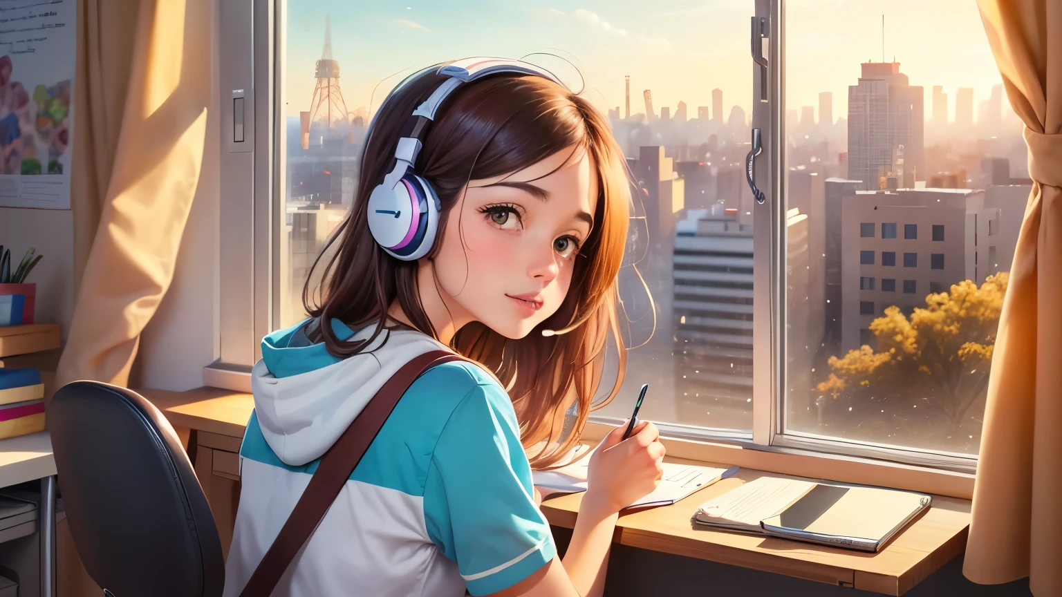 cartoon, high qualiy, a girl studying in her room, com posters na parede, wearing headphones and a window with a view of buildings in the background