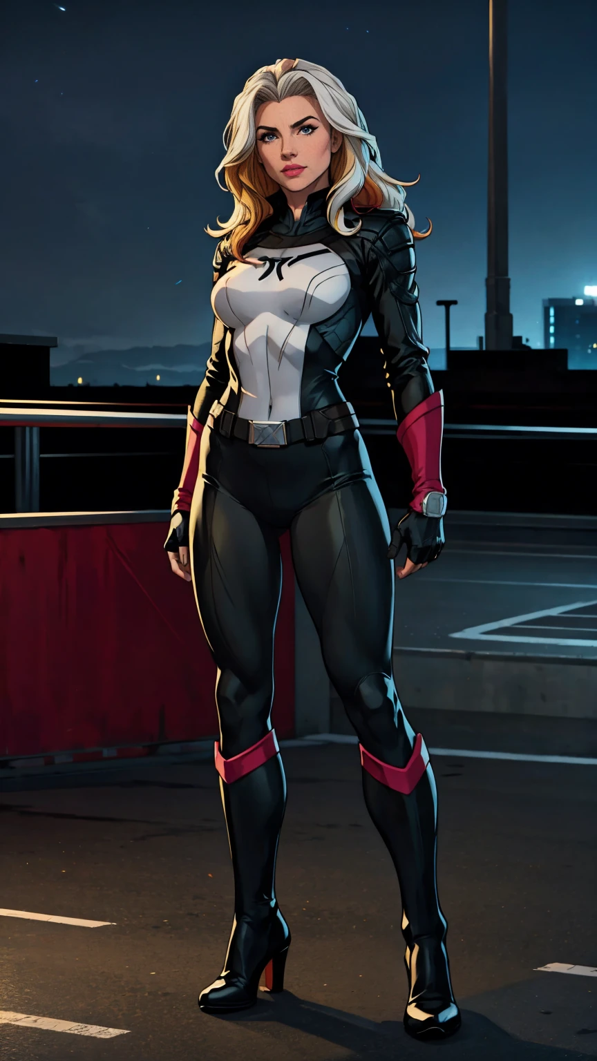 ((Full body photo, standing, feet on the ground)) (best quality, 4k, 8k, high resolution, masterpiece: 1,2), ultra-detailed, fishnet tights, (realistic, photorealistic, photorealistic: 1, 37), full body photo, Rogue, X-Men, yellow high boots, beauty pose, standing, show feet, outside, city roof at night, black and white uniform