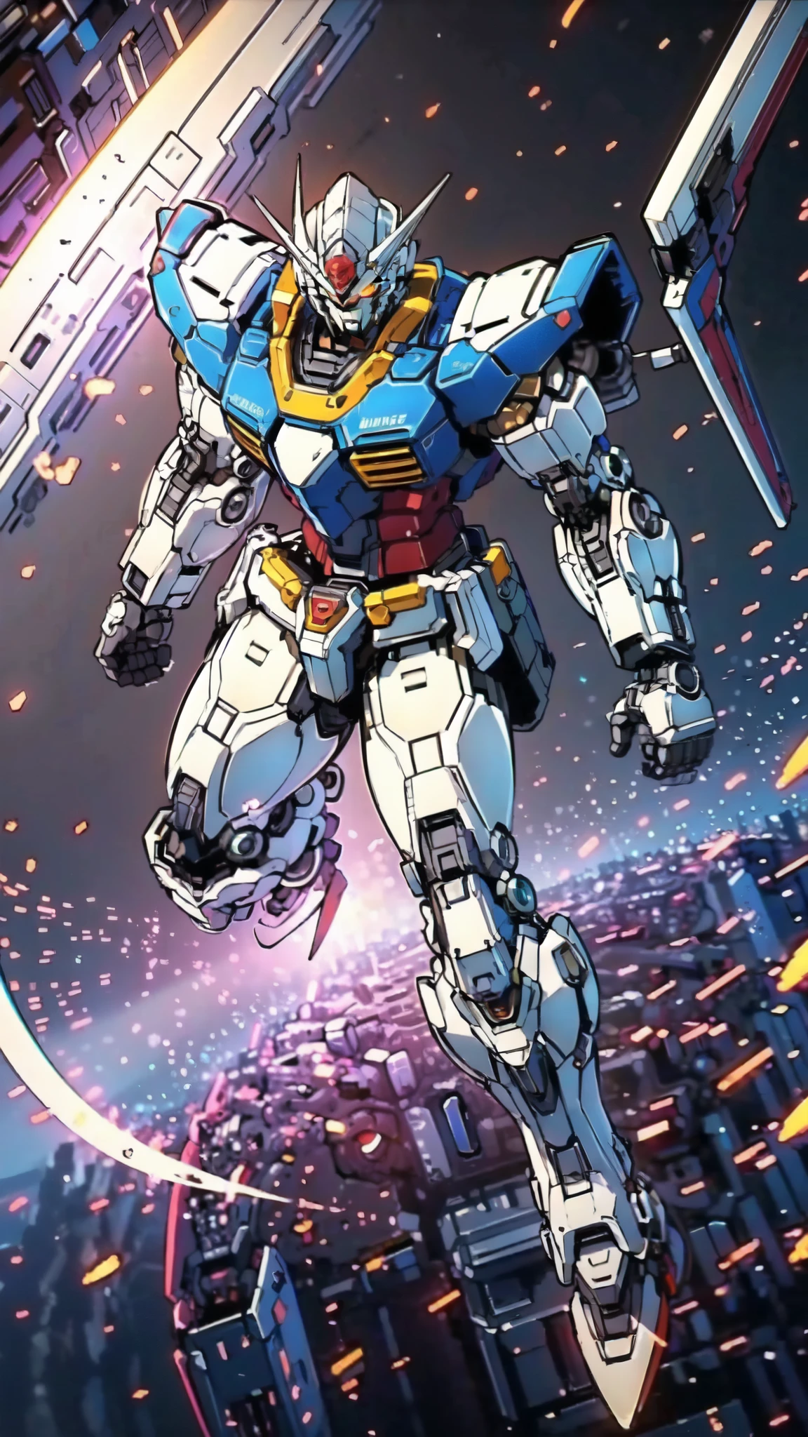 (masterpiece:1.5, best quality:1.5, extremely delicate:1.5), humanoid Mecha, fully enclosed shoulder guards, matching arm and leg guards, full body, full armor, the design balances heavy with agility, (the color scheme is primarily white with red and blue accents, the concept Inspired by Super robot, organic biotech armor, standing, floating high above the futuristic sci-fi city), exquisite and mature art style, (aura effect, energy, glowing eyes, the armor glows), metallic, dramatic, high definition, highres, ultra-detailed, ultra-fine painting, professional, perfect body proportions, anatomically correct, symmetrical face, extremely detailed eyes and face, high quality eyes, creativity, RAW photo, UHD, 32k, Natural light, cinematic lighting, masterpiece-anatomy-perfect