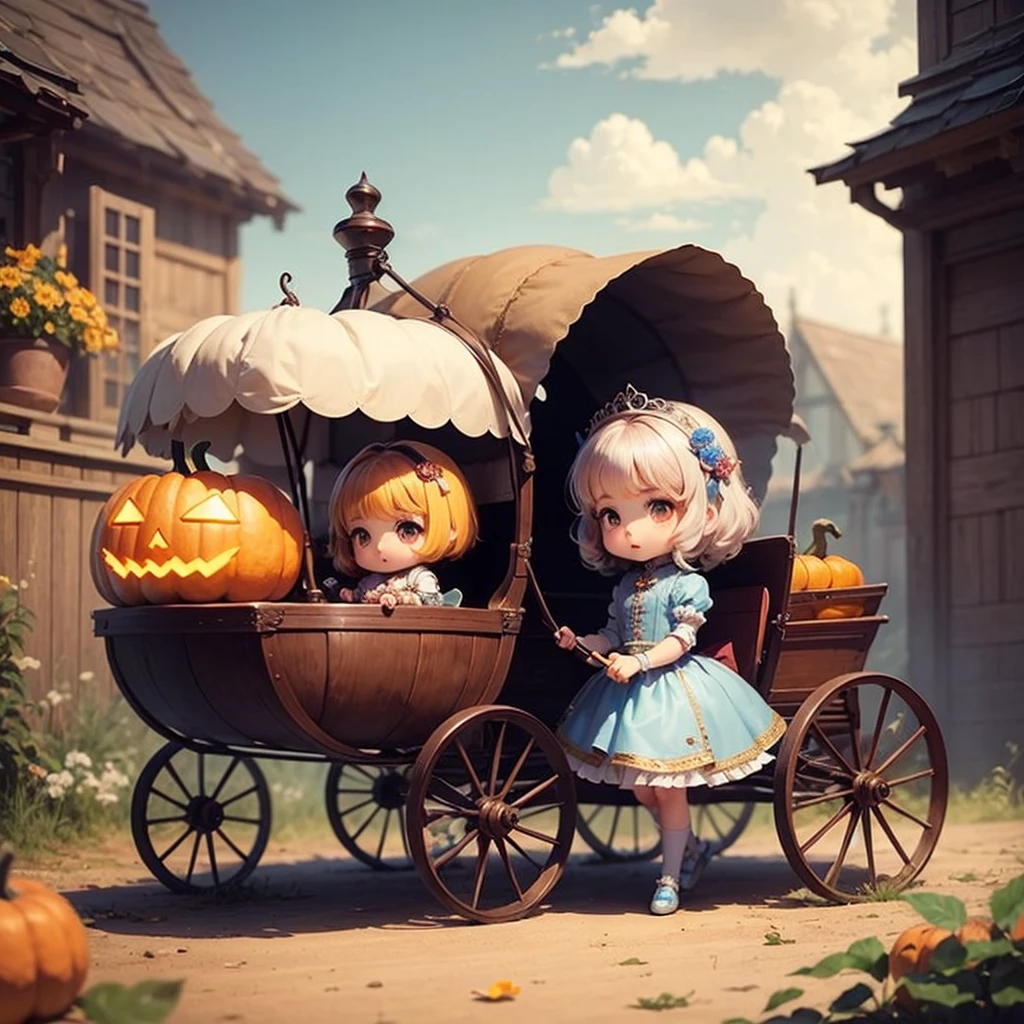 ​masterpiece、top-quality、ultra-detailliert、(Chibi Chara's Daughter:1.2)、Antique miscellaneous goods with a horse pulling a pumpkin-shaped carriage、Chibi Cinderella Princess