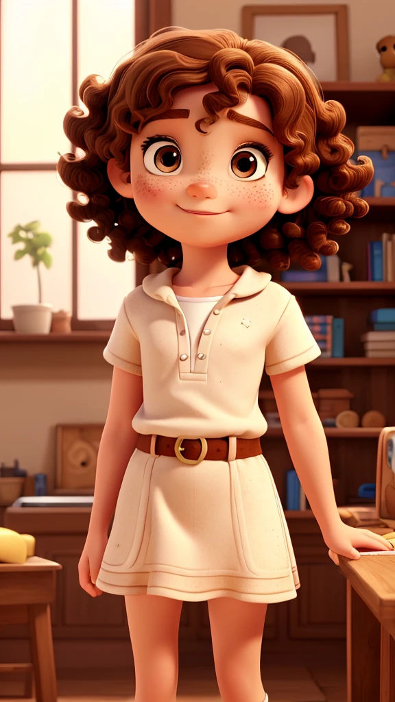 Character sheet of girl with brown hair, pixar style (girl, approximately 7 years old, white with freckles on her face, curly hair, brown eyes) character sheet, style of (author or style)