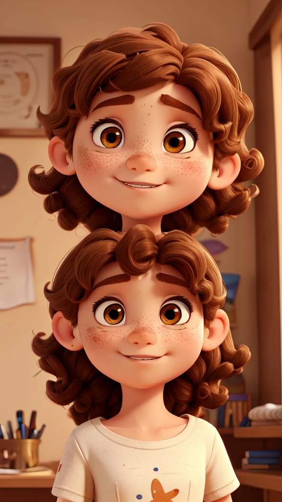 Character sheet of girl with brown hair, pixar style (girl, approximately 7 , white with freckles on her face, curly hair, brown eyes) character sheet, style of (author or style)