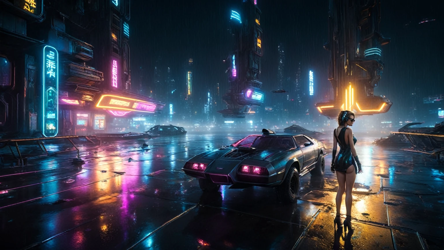 (aerial view, a flying cars docking platform, a very dark abandoned futuristic city, neon lights), rainy night. 1girl, solo, alone, large-breast:1.2 slim body, cleavage:1.1, sexy wind blowing wet dress:1.4, (headphone, black sunglasses), (((she raised:1.8 a pistol:1.8 and took aim))), dynamic pose, (((half-body thigh level medium shot))), cinematic lighting, lens flare, ray tracing.