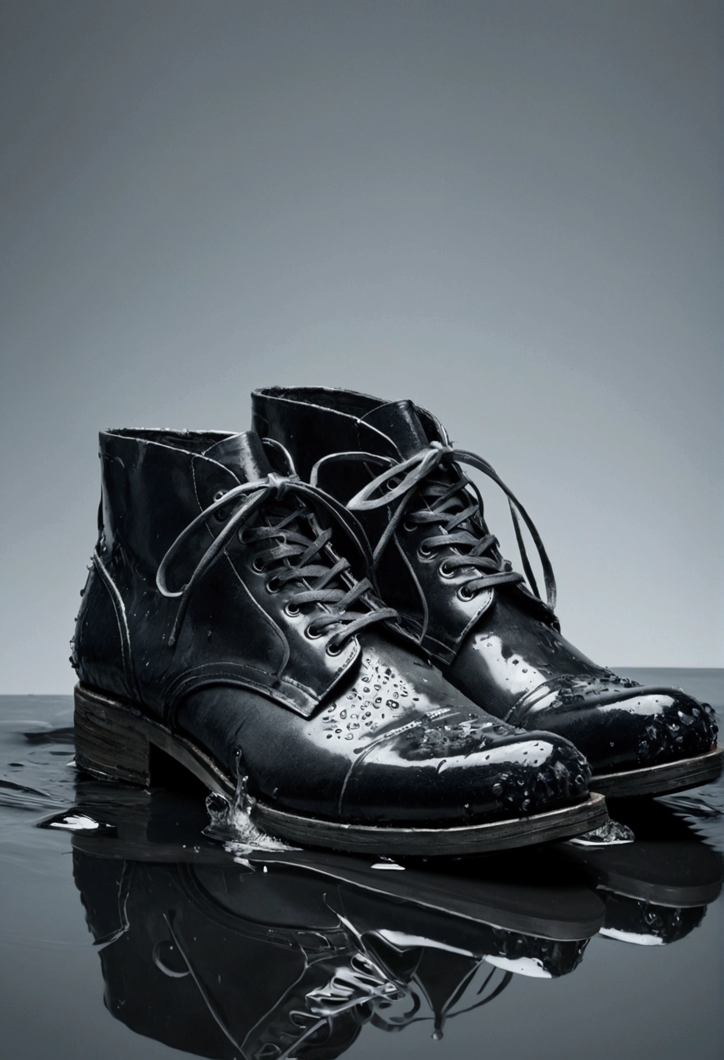 create me an image of a wet and old black leather shoes destroyed by water in gray background with no human model in 4k quality picture