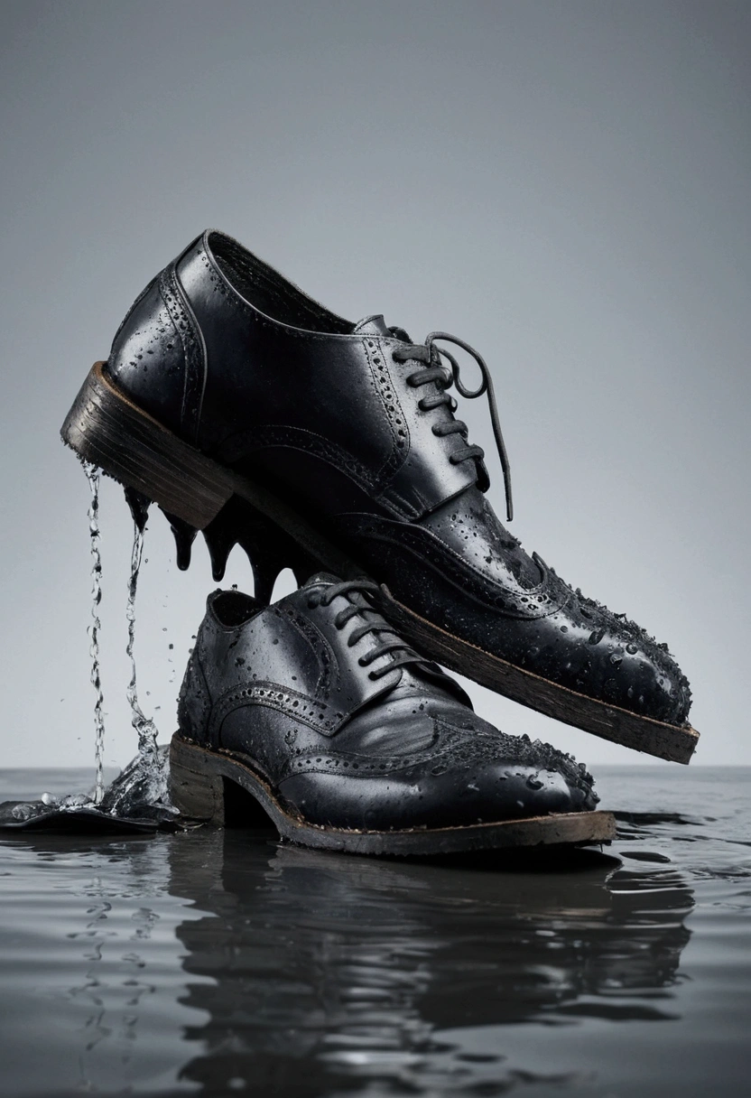 create me an image of a wet and old black leather shoes destroyed by water in gray background with no human model in 4k quality picture