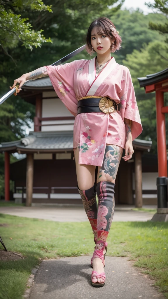 Beautiful Chinese woman, (16 years old), cute face, red lips, white moist skin, moles, under-eye bags,
BREAK,
Feminine body with high athletic ability, Body of a female fitness model, Feminine body with hard tones, (muscles: 1.2), (beautiful belly button),
BREAK,
Martial artist, Kung Fu fighter, Idol,
BREAK,
(wearing cute kimono: 1.3), (kimono with high exposure), (over-the-knee boots 1.3), necklace, very large earrings, short length,
BREAK,
Short hair, (short bob hair), (bangs: 1.2), (pink hair: 1.3), (wavy hair),
BREAK,
(very large Japanese sword: 1.4), (holding the handle of a Japanese sword in hand: 1.3), (raising a very large Japanese sword: 1.2), (getting into a fighting stance),
BREAK,
(Japanese tattoo: 1.4),
BREAK,
Masterpiece, perfect lighting, Ultra high resolution, 8K, (highly detailed:1.4), (front view), looking at camera, melancholic expression,
BREAK,
(Tokyo city, lots of people in background), Japanese city background,
