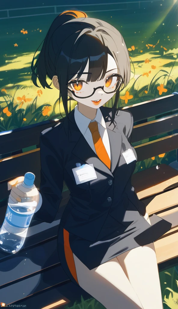 1girl,solo,core_9,score_8_up,score_7_up,older woman,orange lipstick,secretary outfit,siren glasses,mole,ponytail,orange and black hair,black hair,orange streaks,fangs,night,black bed,1woman,high quality,detailed,sitting on bench,sunlight,grass,holding water bottle,giving water bottle to viewer
