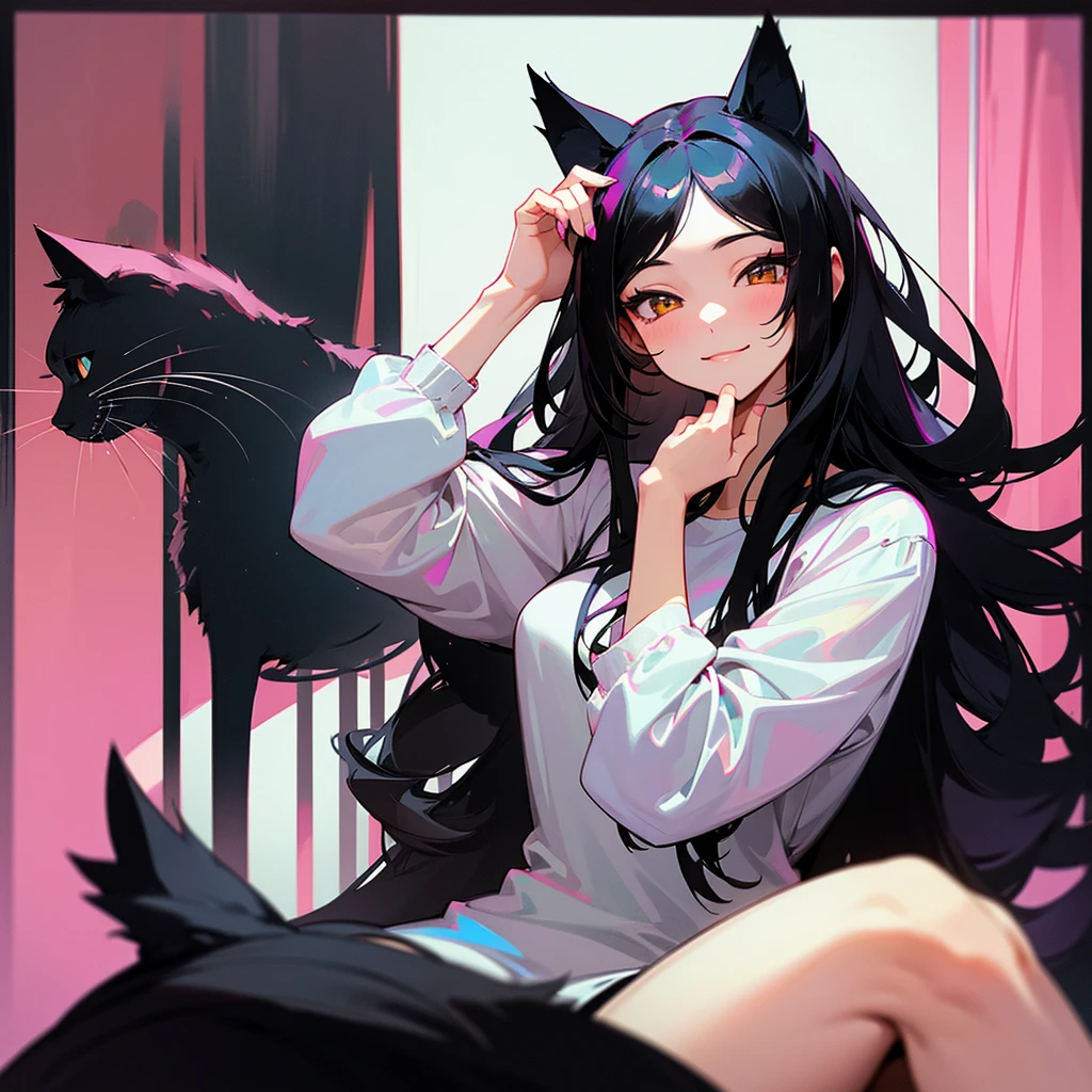 High quality, good body, good fingers, girl with a long black hair, black cat ears, her hands are on her thigh, she looks beautiful with a smile on her face, there is someone hand on her head, the hand stroking her head. Background: bedroom with girls' furniture identical to the color pink