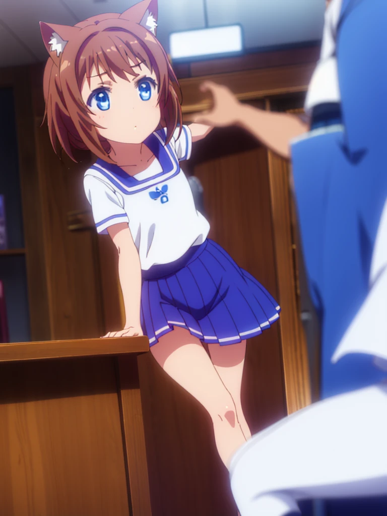 Vtuber excellent quality very detailed girl short brown hair brown eyes blue eye with cat ears short pleated skirt long white stockings