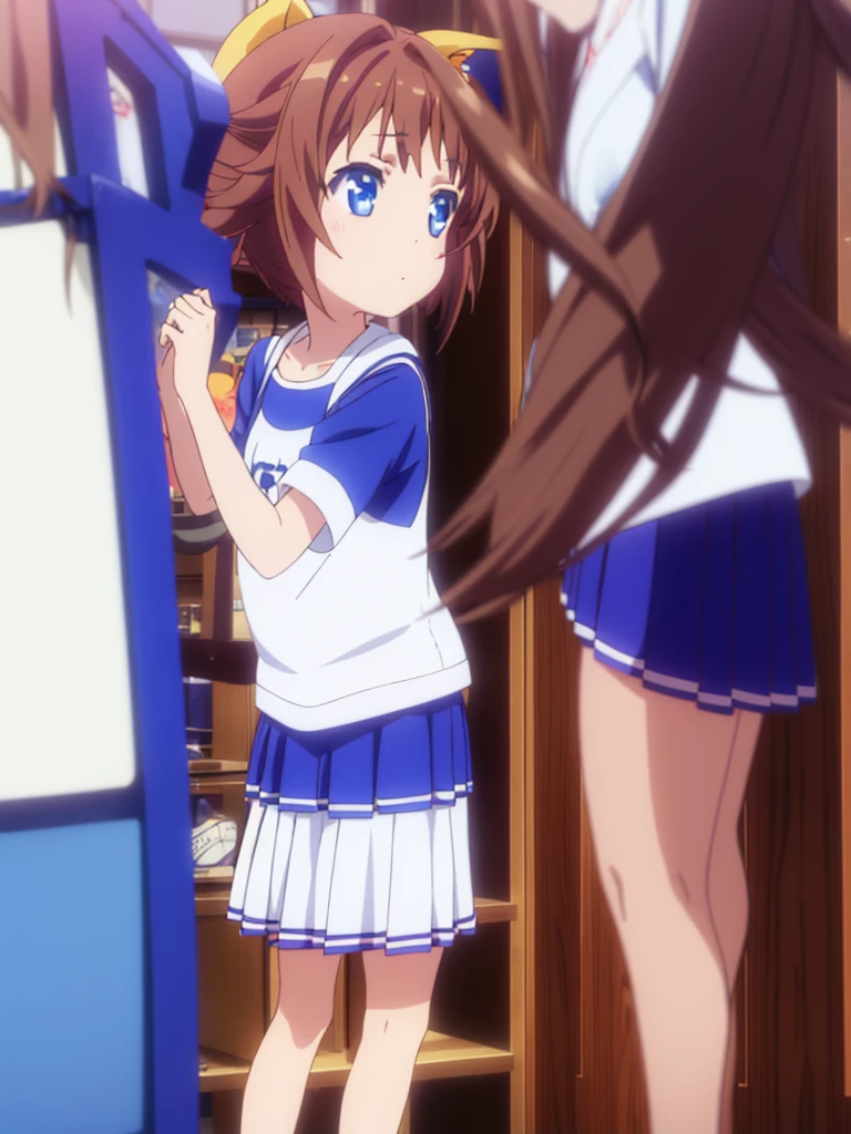 Vtuber excellent quality very detailed girl short brown hair brown eyes blue eye with cat ears short pleated skirt long white stockings 