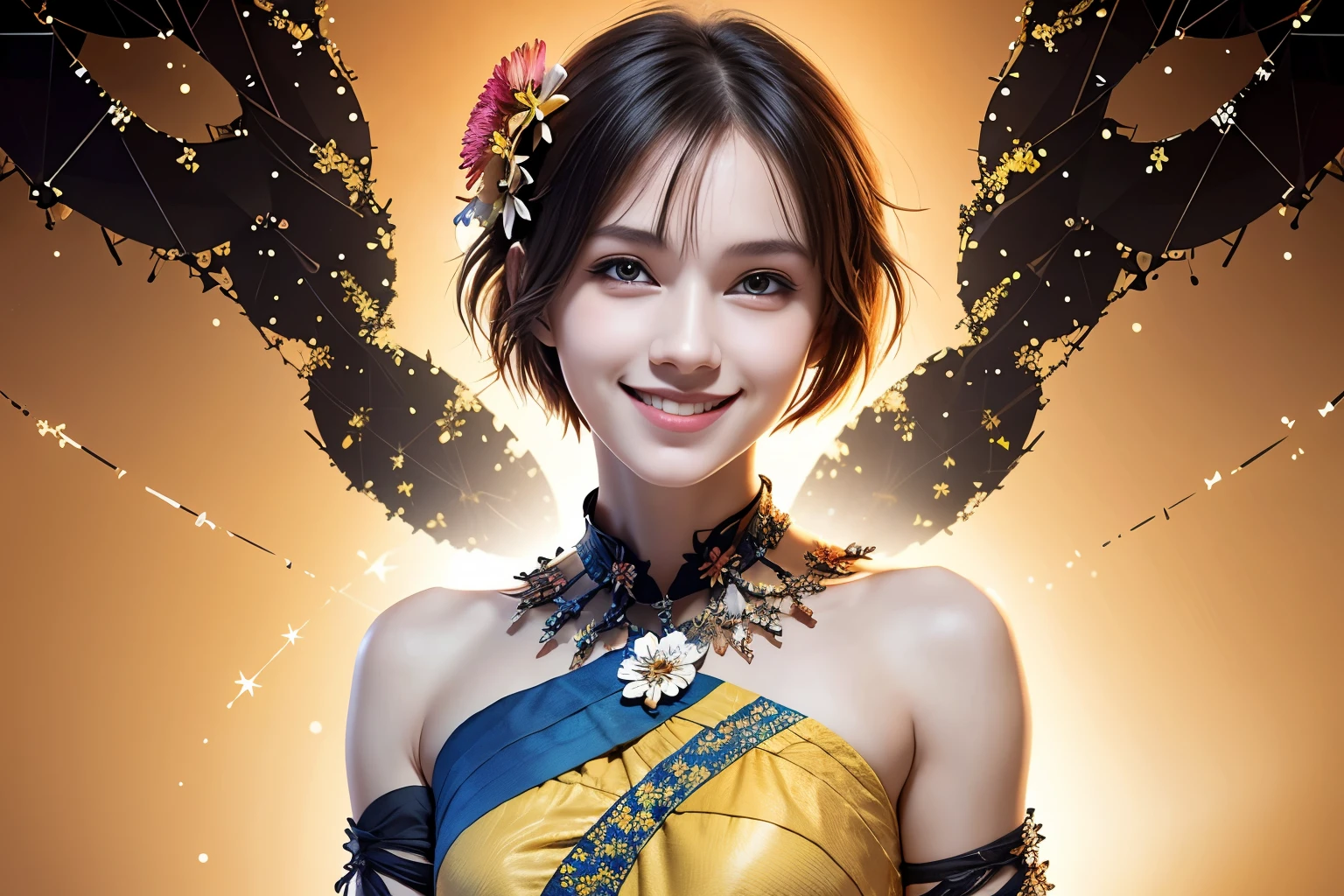 257 20-year-old female, (short hair),(Abstract background,Fractal Art), smile, flower