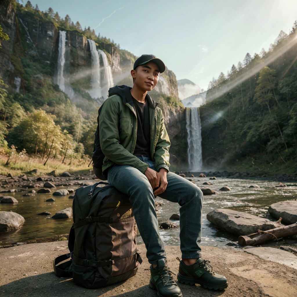 Cinematic photography of a young man from Indonesia with buzz cut hair, wearing a baseball cap, wearing a green jacket and black t-shirt, long jeans, mountain shoes, standing while carrying a backpack, standing in front of a large forest facing a waterfall, and a calm view. The sky was a bright blue, and the sun cast a warm golden light across the scene. stunning while smiling at the camera