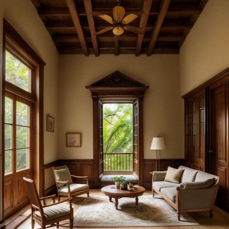 This is a warm wooden living room. The interior of the room is made of wood as the main material, exuding natural simplicity and warmth. Floors, walls and ceilings are made of fine wood, giving it a natural texture. There are some classical furniture in the living room, an antique wooden sofa with soft cushions, and a beautifully carved coffee table next to it. There is an antique bookcase next to the wall, which is filled with various ancient books and exquisite ornaments, adding to the classical atmosphere of the room. There is a large window on one side of the living room, and outside the window is a magnificent natural landscape: a waterfall rushing down from a high place, surrounded by dense trees and lush greenery. The sun casts dappled light and shadow through the leaves, and the sound of the waterfall can be heard clearly, adding a sense of tranquility and coziness to the room.