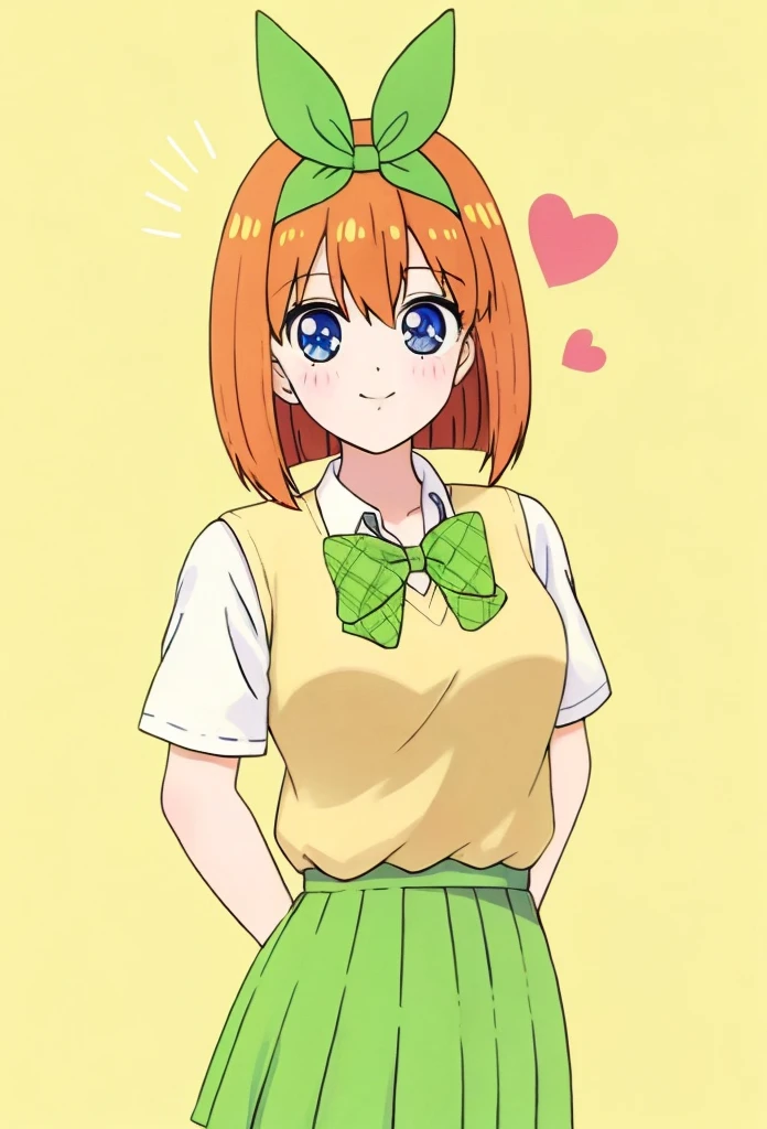 anime girl with green bow and yellow shirt and green skirt, anime visual of a cute girl, anime best girl, anime moe artstyle, score_9, score_8_up, score_7_up, score_6_up, source anime, abustoypnxl, nakano yotsuba, (1 girl) Sfw, yotsuba nakano, pretty teenage girl with short orange hair, heart shaped lips and blue eyes making a cute face, aayotsuba, short hair, bob hair, Nakano yotsuba, from The Quintessential Quintuplets, Yotsuba Nakano, masterpiece, 4k, ultradetailed, cowboy shot, nakano Yotsuba, pink orange hair, blue eyes, sparkling eyes, nakano yotsuba, orange hair, hair bow, green bowtie, yellow sweater vest, collared shirt, green skirt, dynamic pose, moving, dynamism, hair between eyes, transparent, translucent