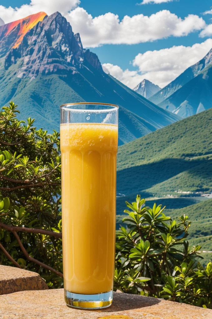Carbonated canned pineapple juice, which is shaped like a pineapple and is orange in color. Place it vertically at a slight angle. And the background is a mountain with light penetrating into the background that is quite colorful.