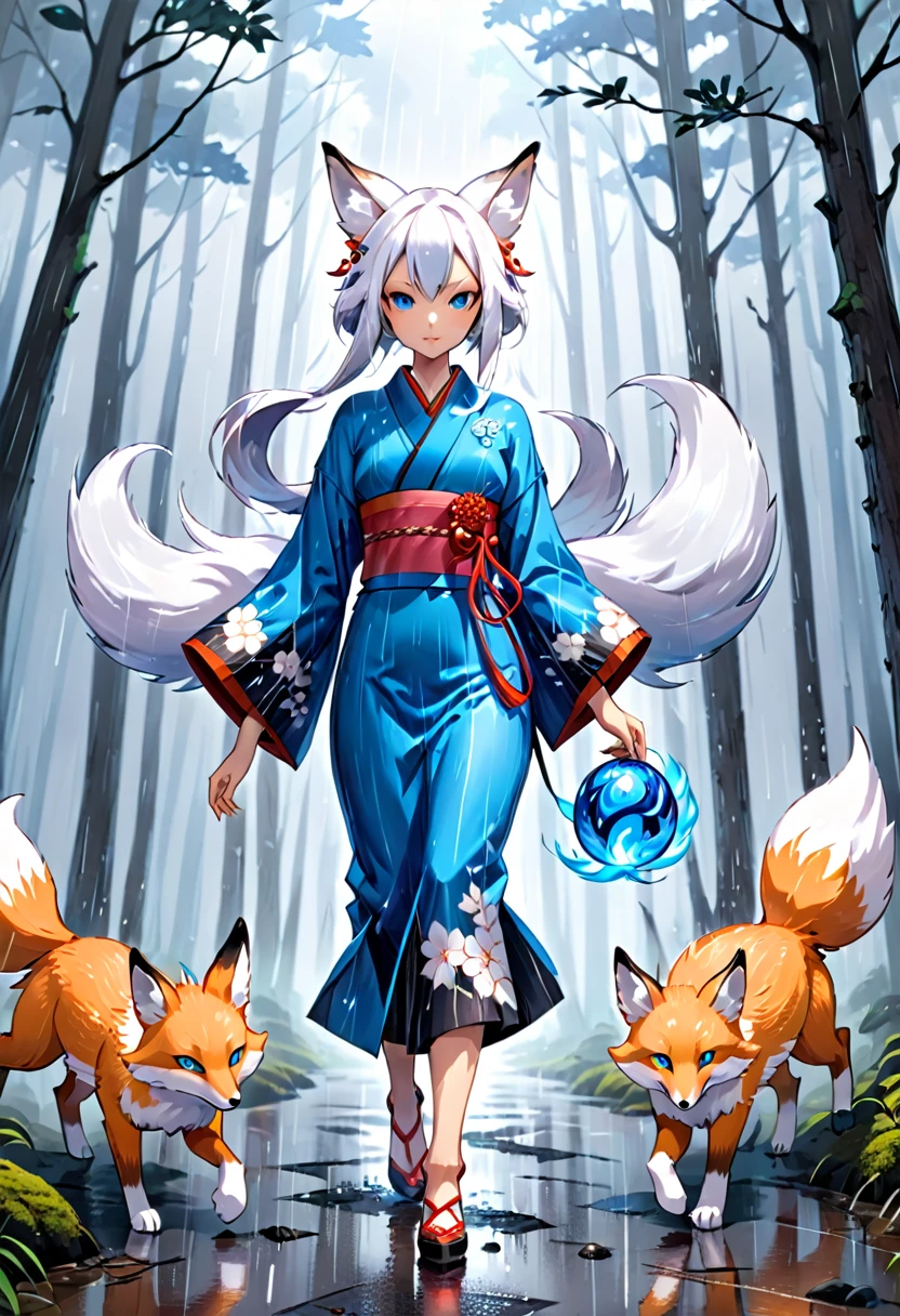 Masterpiece, Extremely detailed, , close distance shot, (A beautiful kitsune woman walking in a rainy forest holding a small ball of blue fire), facing viewer, dynamic pose , fox ears, nine fox tails, traditional Japanese clothing.